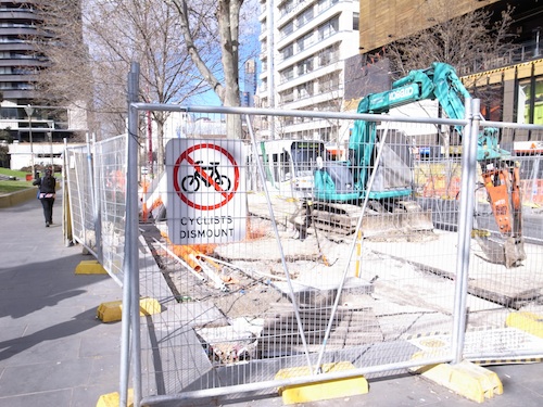 Bicycle lane being built on Swanston Street Melbourne